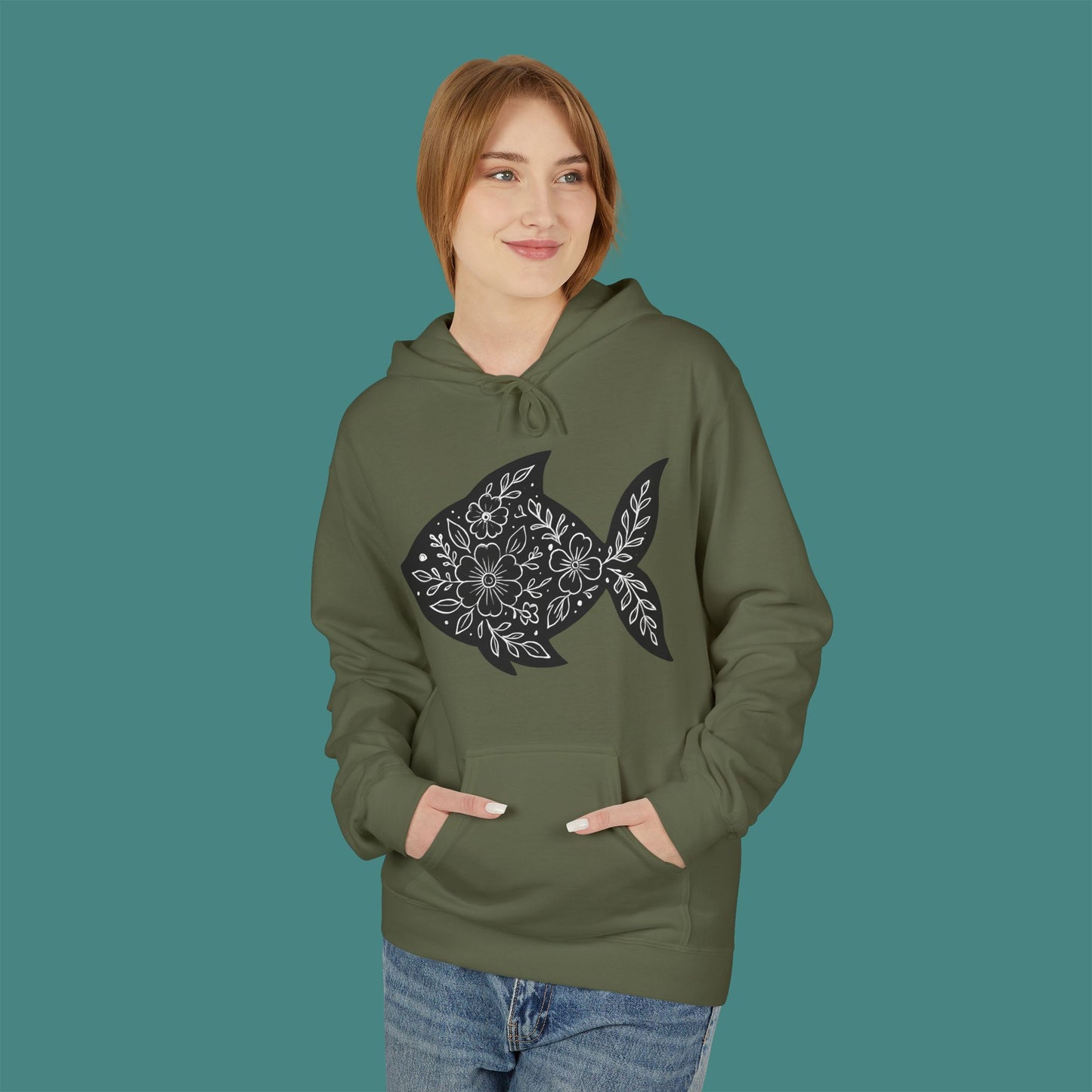 Floral Fish Silhouette Fleece Unisex Hoodie