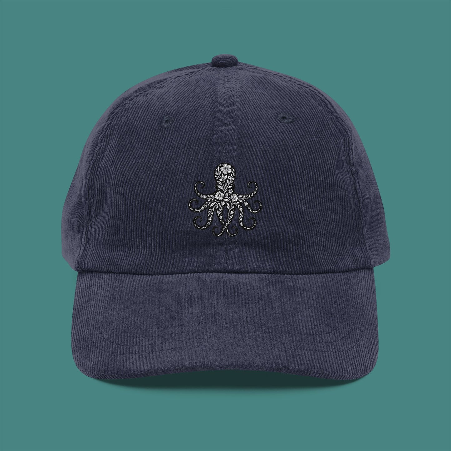 Floral Octopus Silhouette Corduroy Embroidered Cap