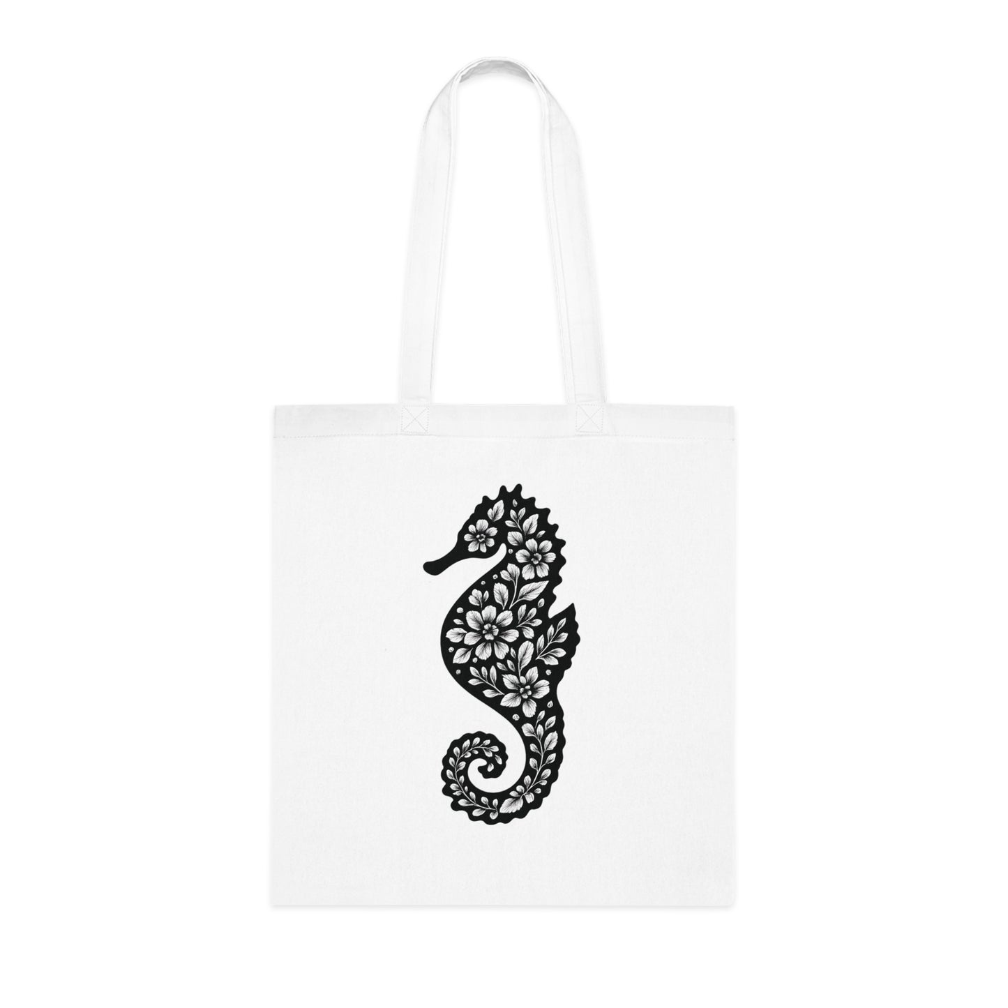 Floral Seahorse Silhouette Tote Bag