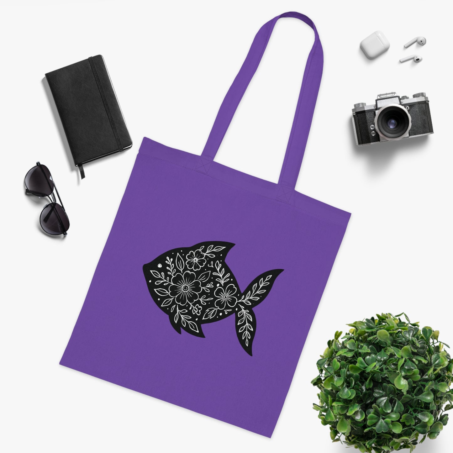 Floral Fish Silhouette Tote Bag