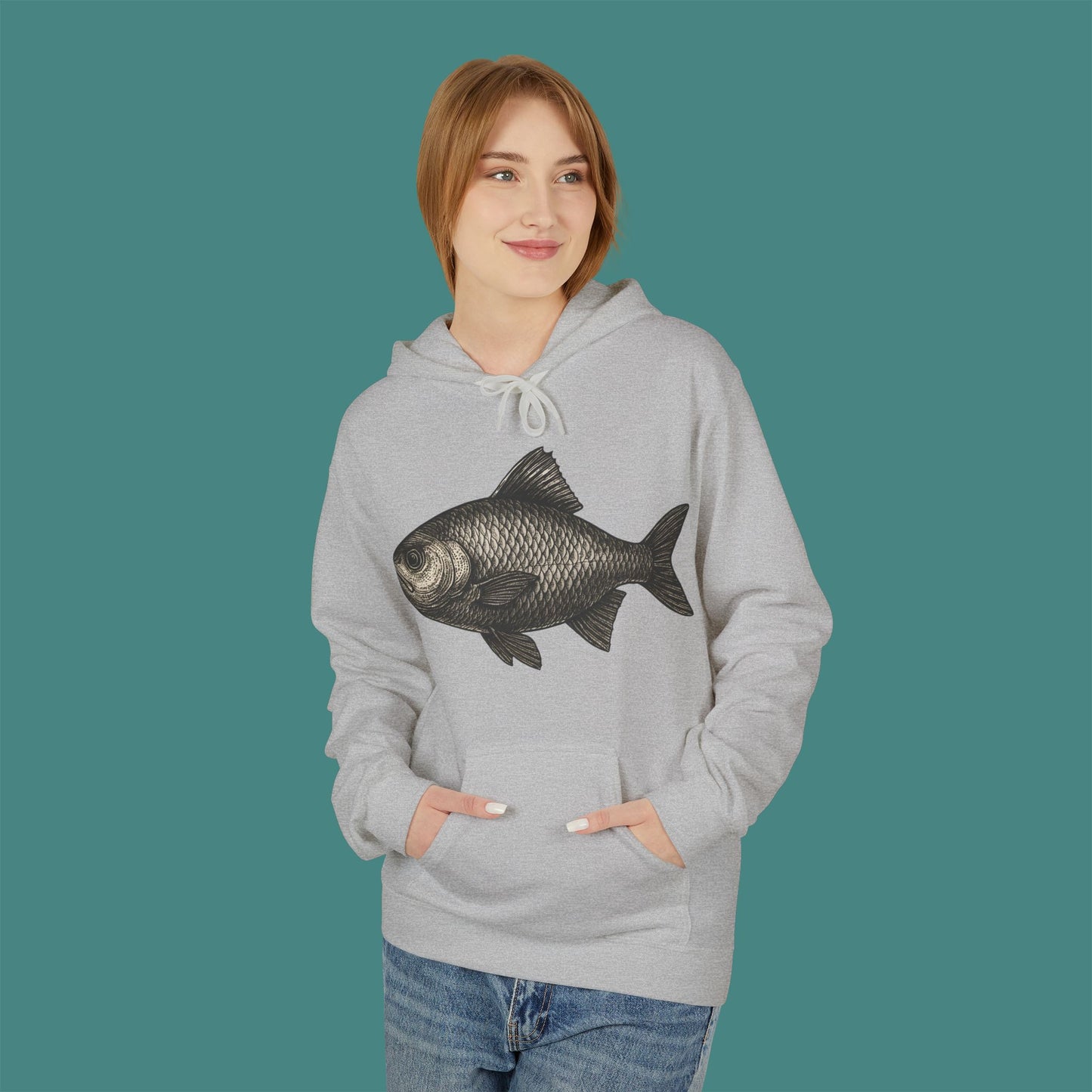 Vintage Etching Fish Fleece Unisex Hoodie