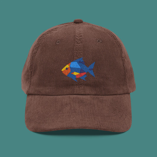 Geometric Polygon Fish Corduroy Embroidered Cap