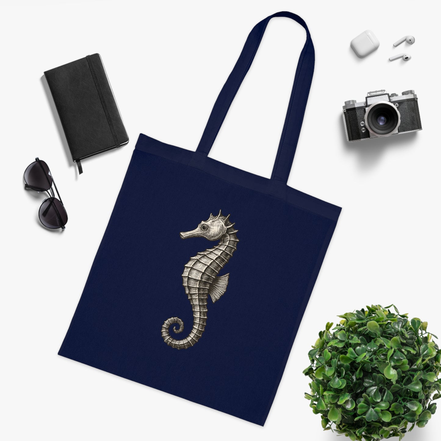 Vintage Etching Seahorse Tote Bag
