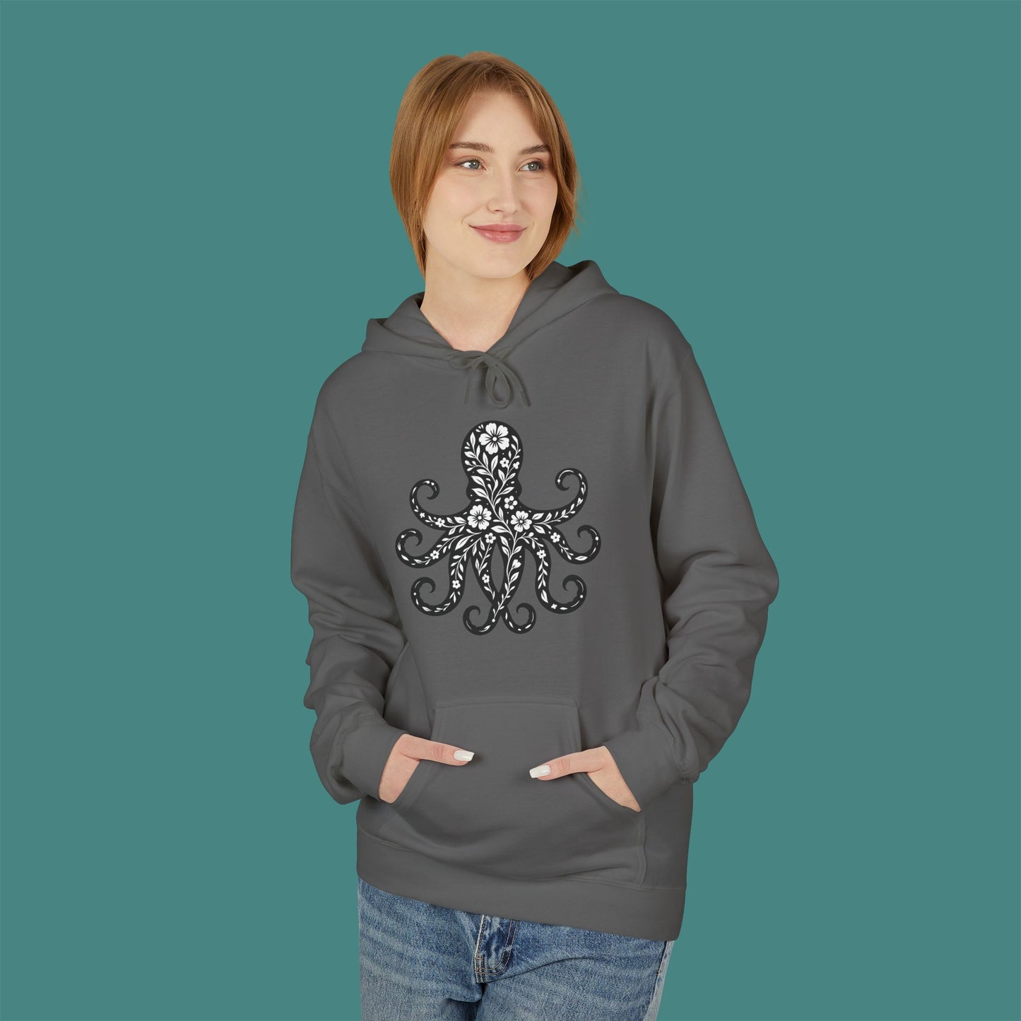 Floral Octopus Silhouette Fleece Unisex Hoodie