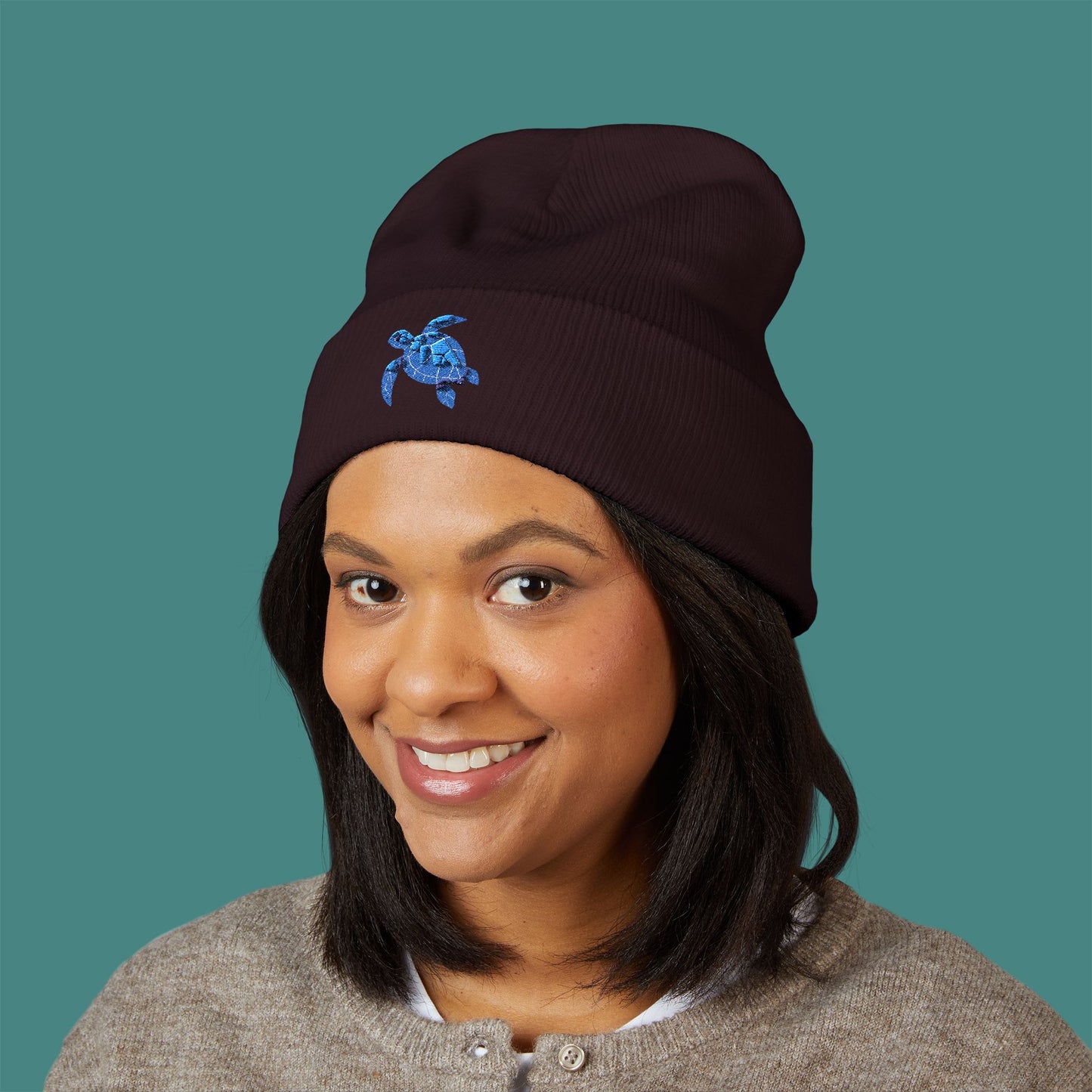 Geometric Polygon Turtle Embroidered Beanie