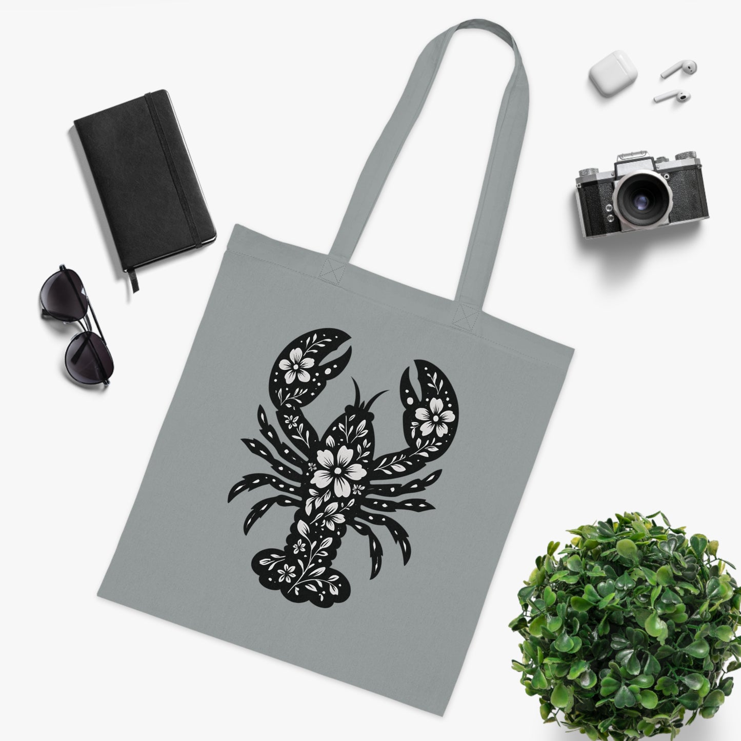 Floral Lobster Silhouette Tote Bag