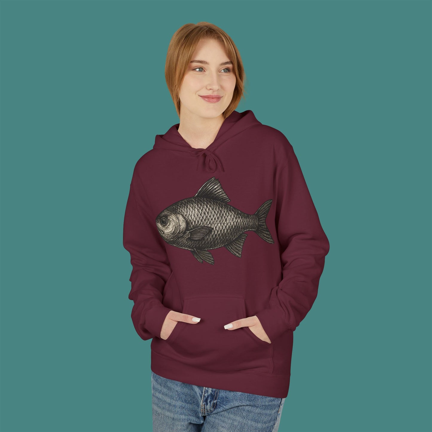 Vintage Etching Fish Fleece Unisex Hoodie