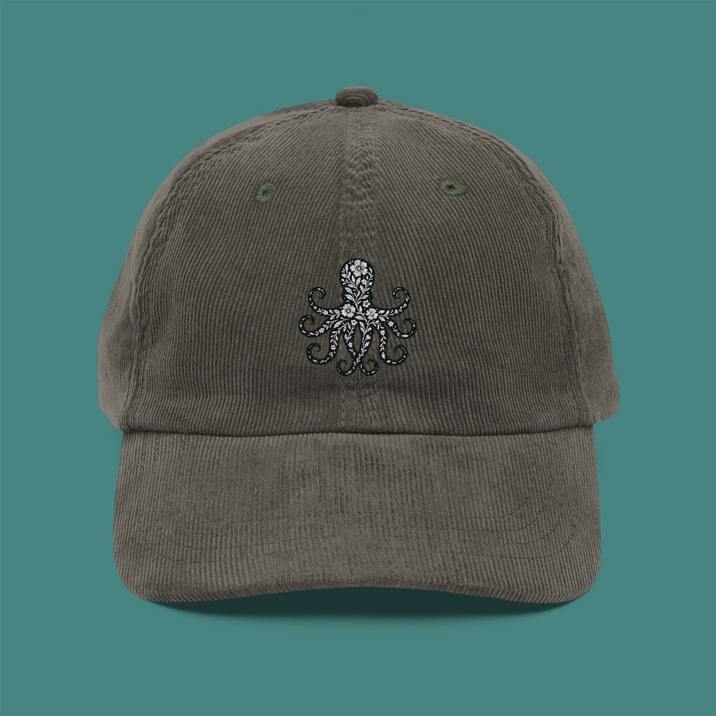 Floral Octopus Silhouette Corduroy Embroidered Cap