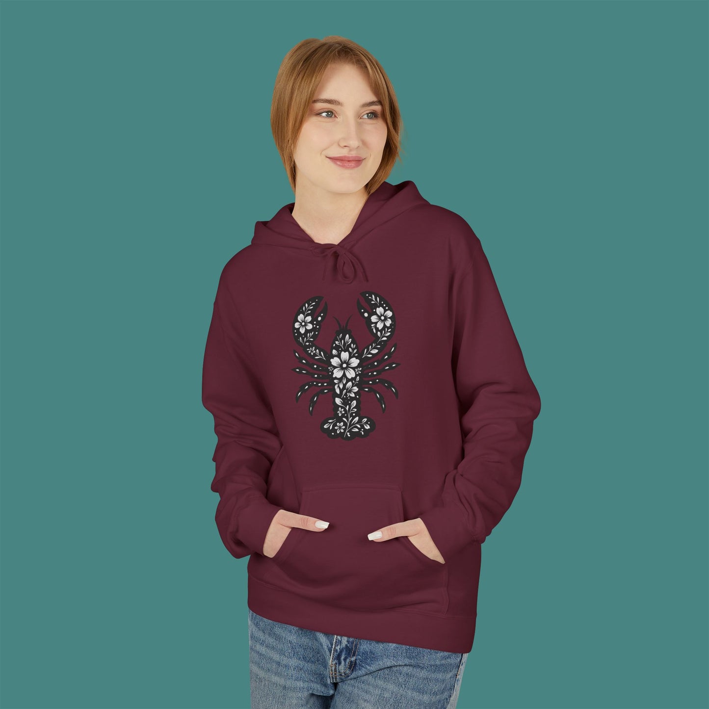 Floral Lobster Silhouette Fleece Unisex Hoodie