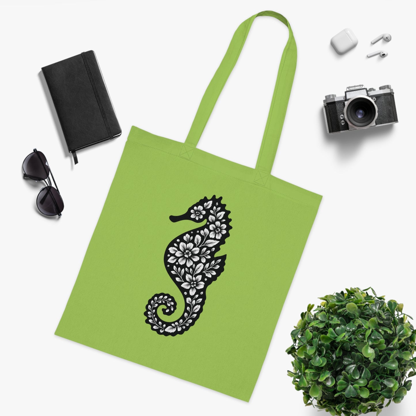 Floral Seahorse Silhouette Tote Bag