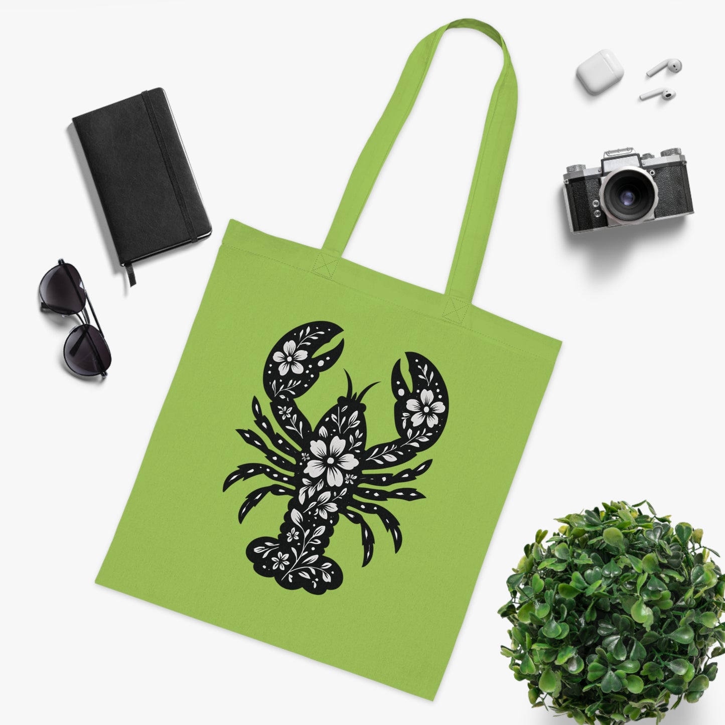 Floral Lobster Silhouette Tote Bag