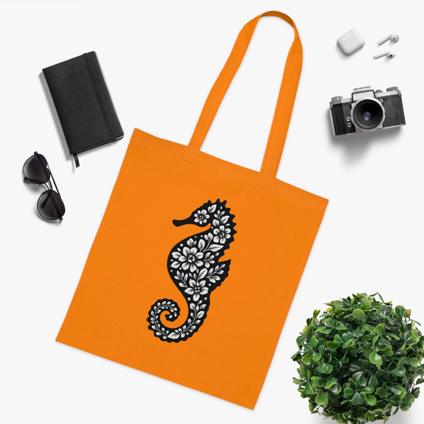 Floral Seahorse Silhouette Tote Bag