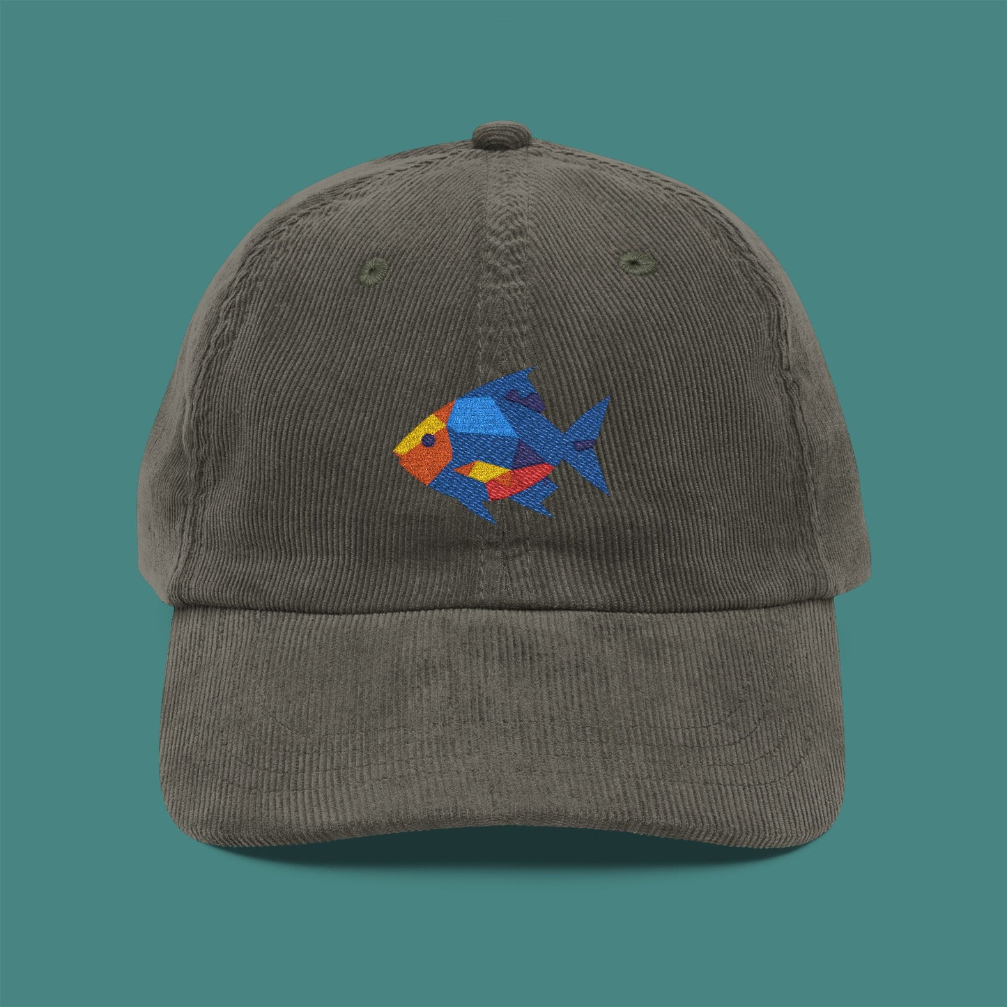 Geometric Polygon Fish Corduroy Embroidered Cap