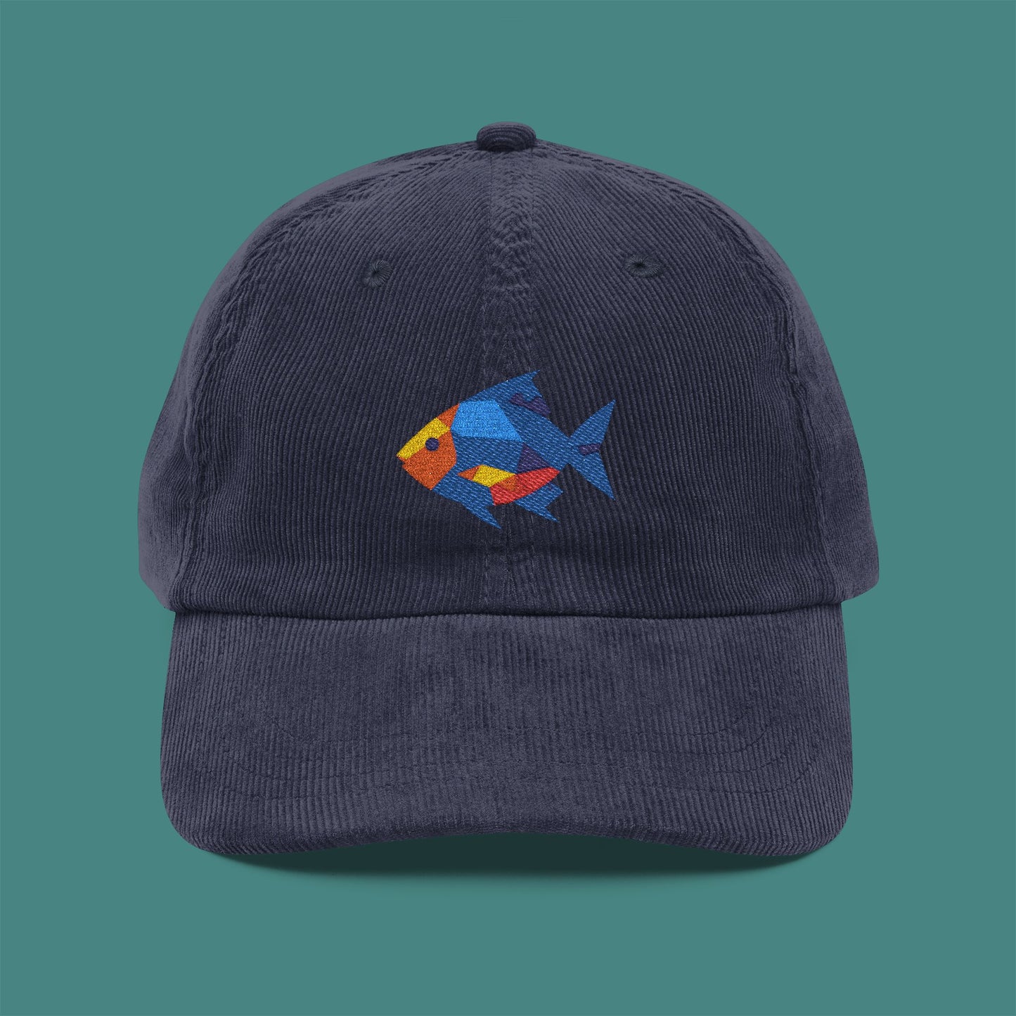 Geometric Polygon Fish Corduroy Embroidered Cap