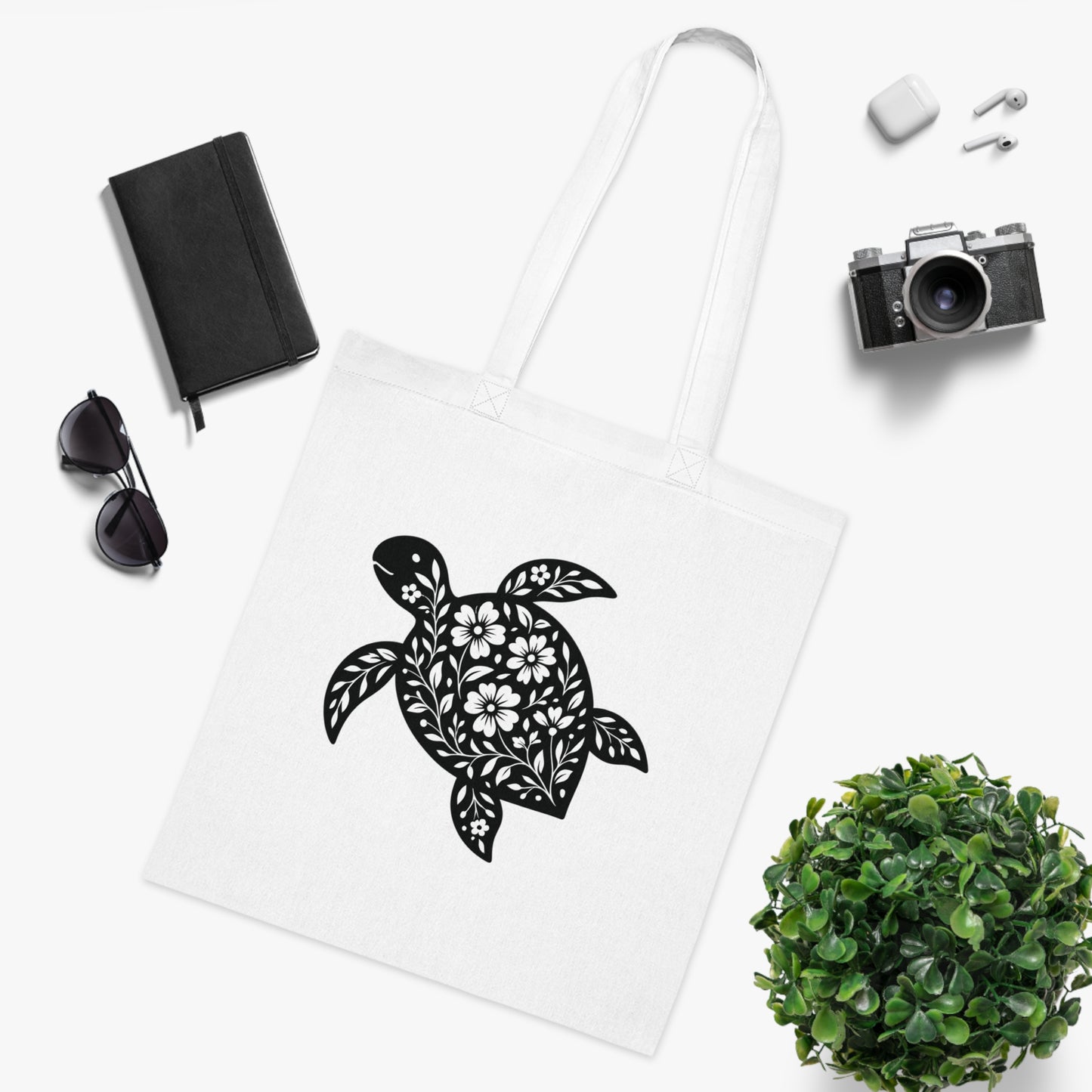 Floral Turtle Silhouette Tote Bag