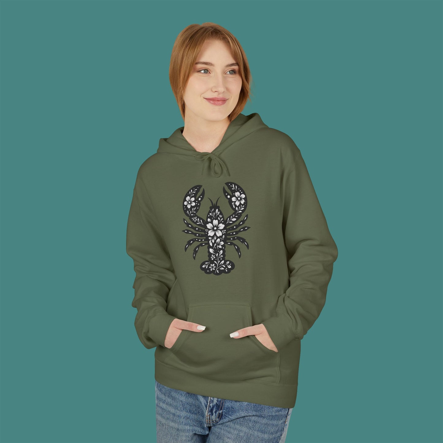 Floral Lobster Silhouette Fleece Unisex Hoodie