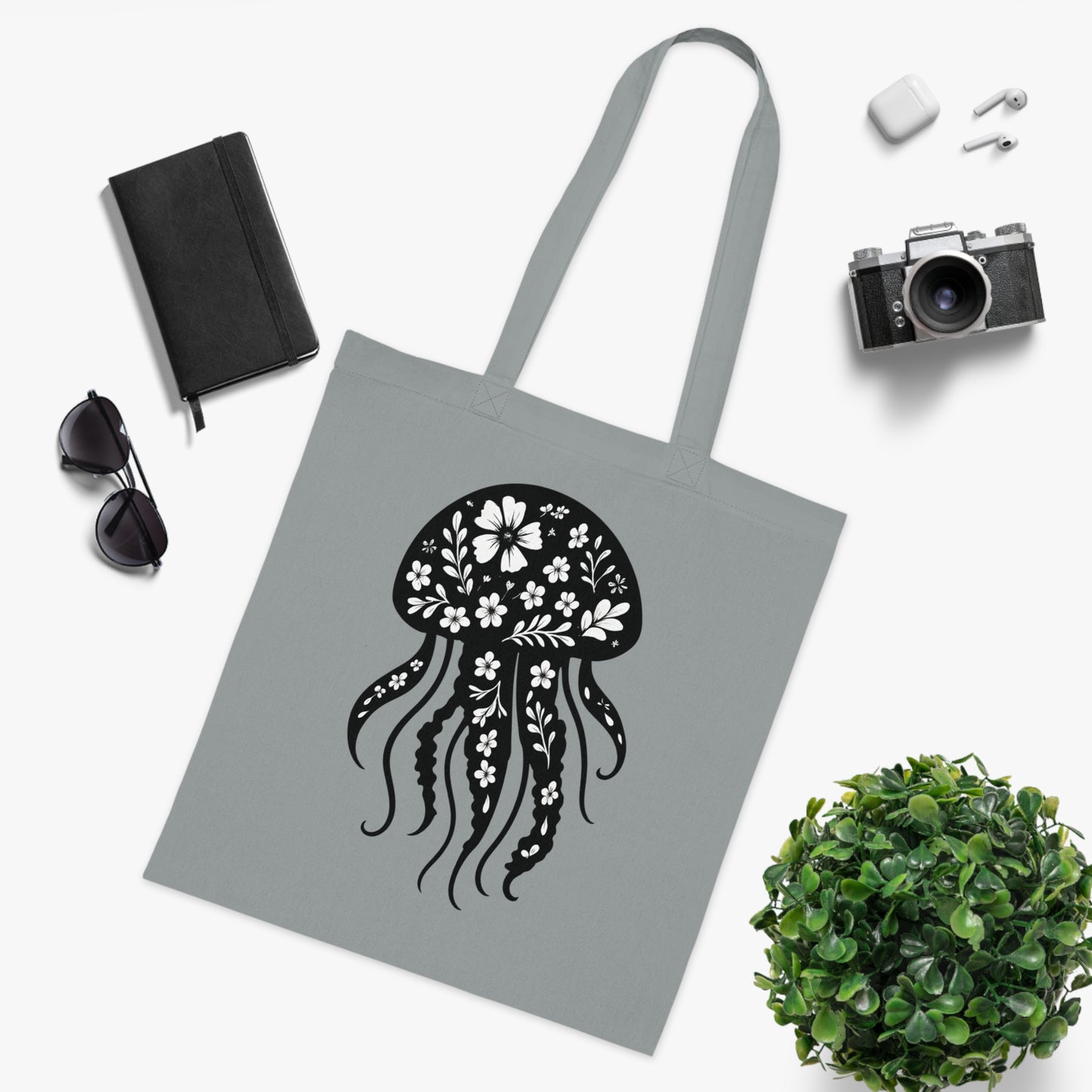 Floral Jellyfish Silhouette Tote Bag