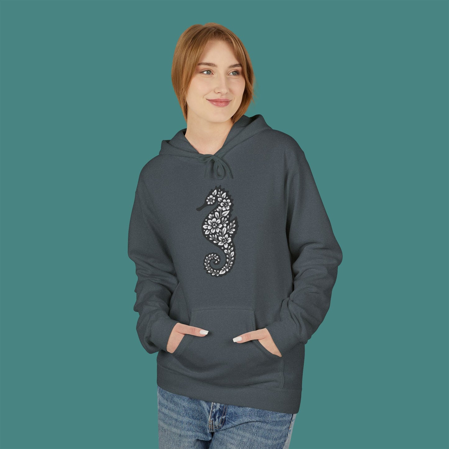 Floral Seahorse Silhouette Fleece Unisex Hoodie