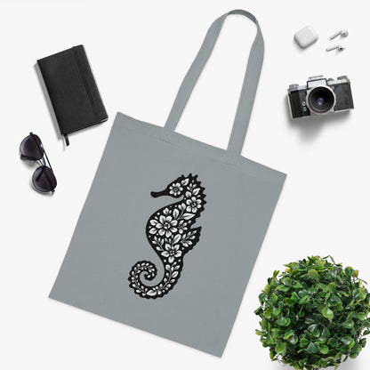 Floral Seahorse Silhouette Tote Bag