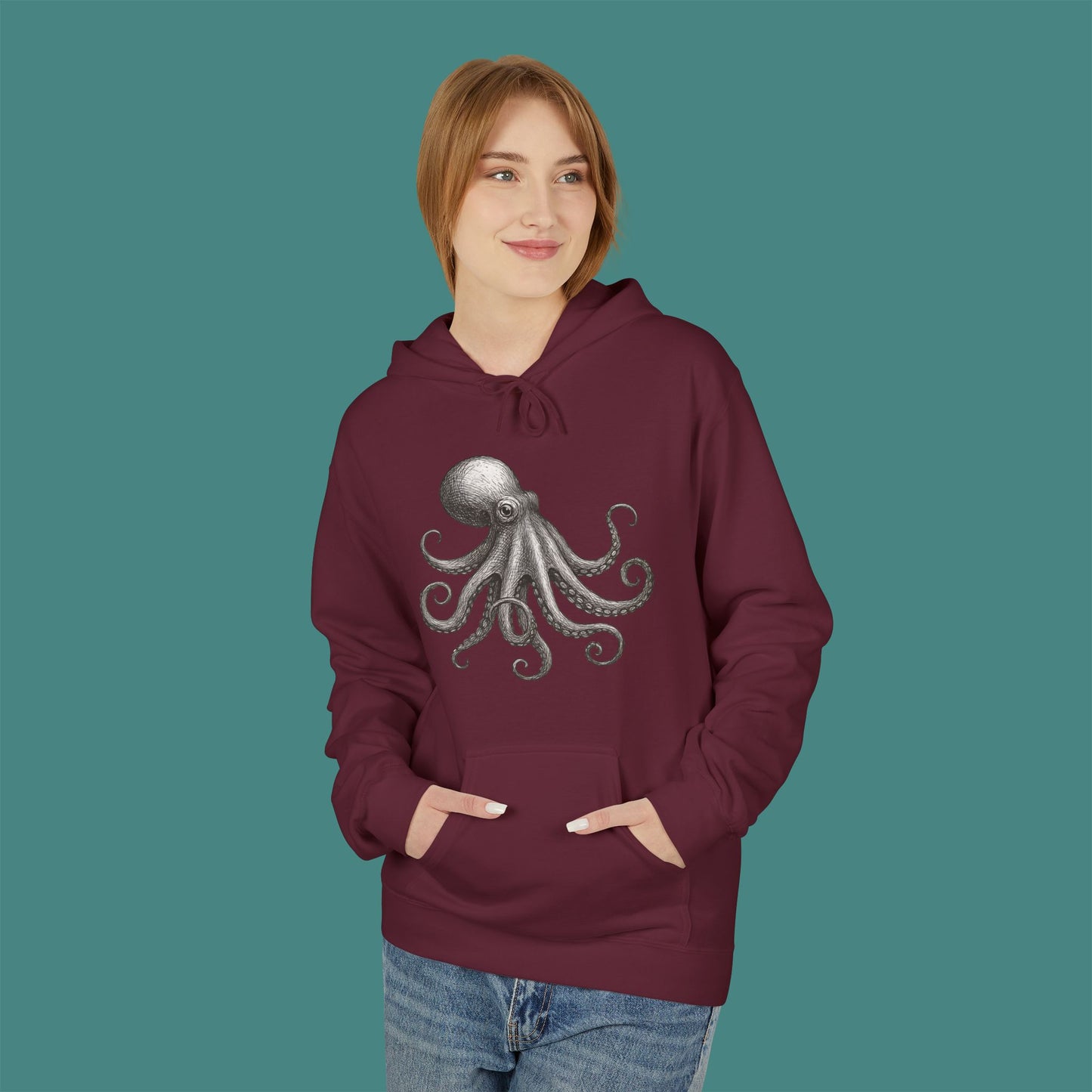 Vintage Etching Octopus Fleece Unisex Hoodie