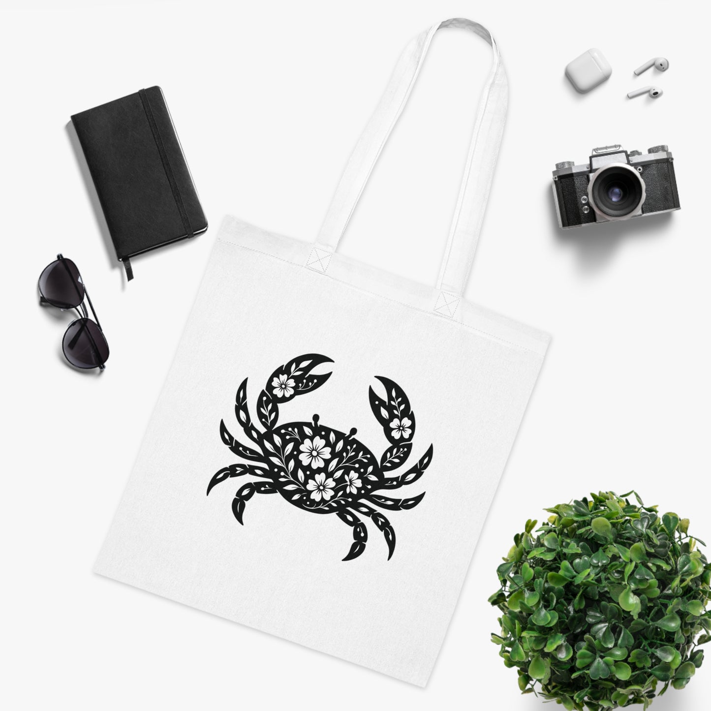 Floral Crab Silhouette Tote Bag