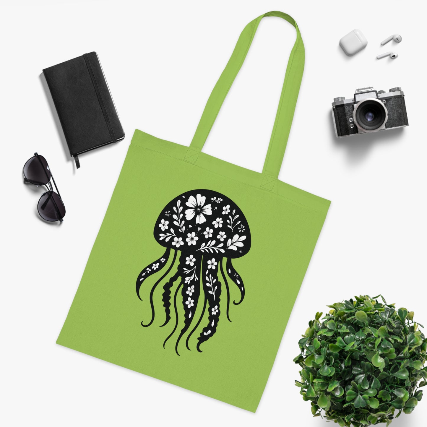 Floral Jellyfish Silhouette Tote Bag