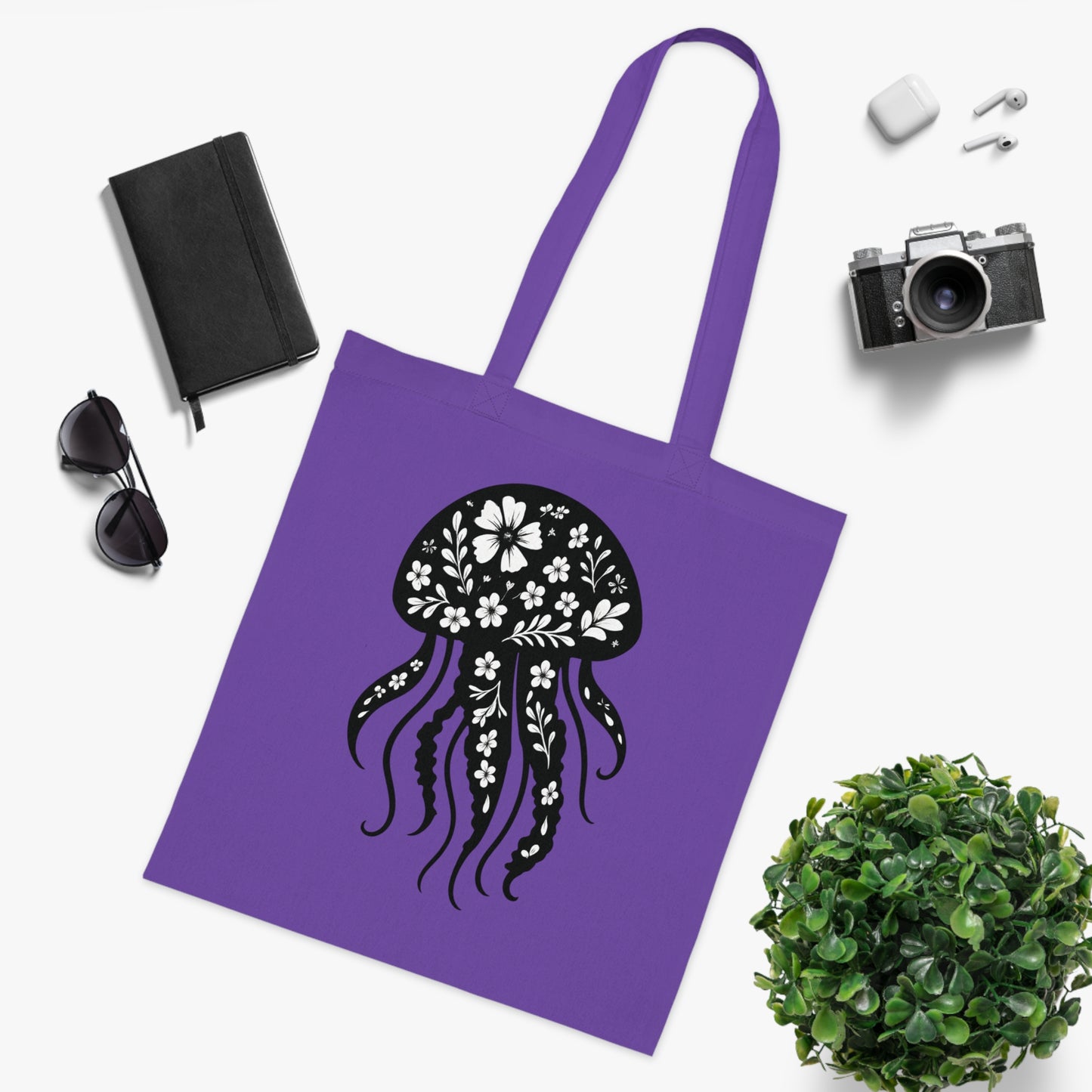 Floral Jellyfish Silhouette Tote Bag