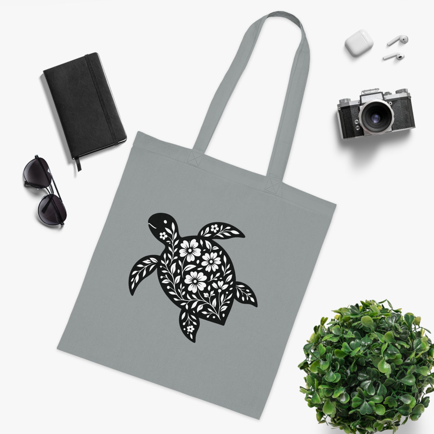 Floral Turtle Silhouette Tote Bag