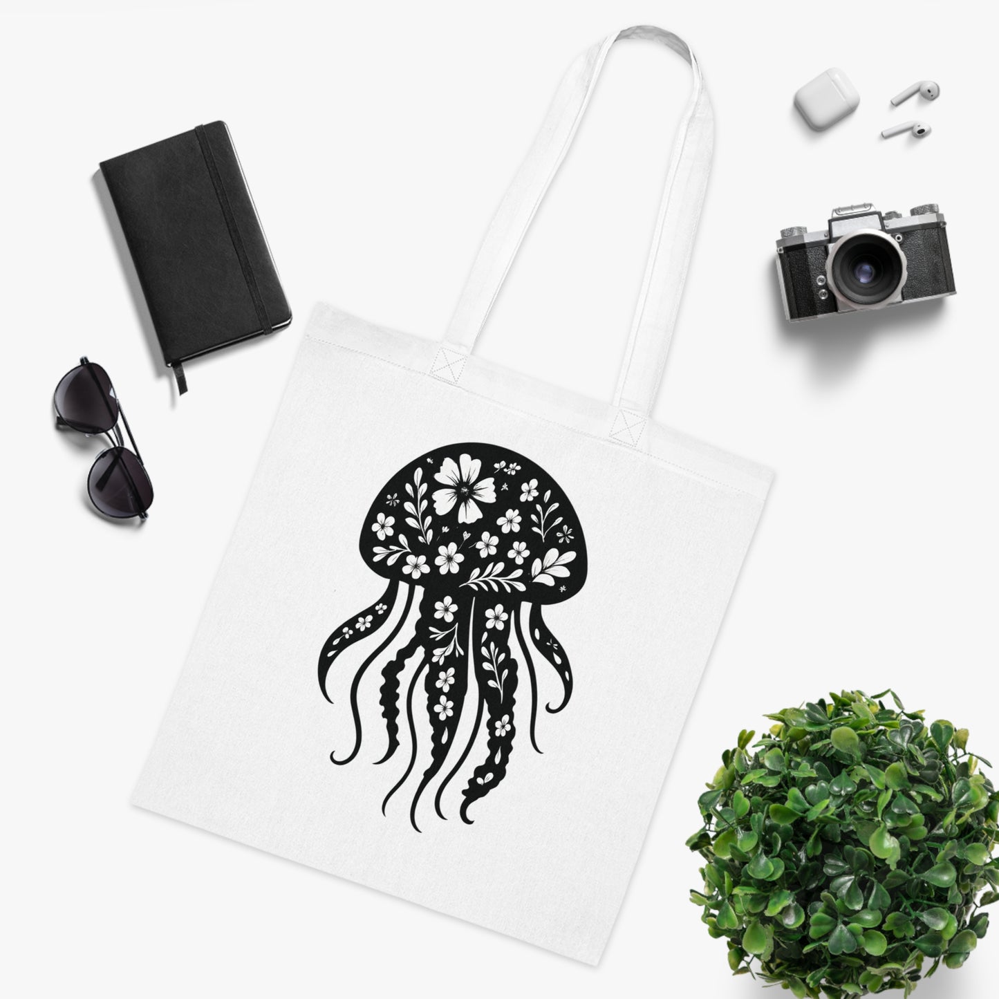 Floral Jellyfish Silhouette Tote Bag