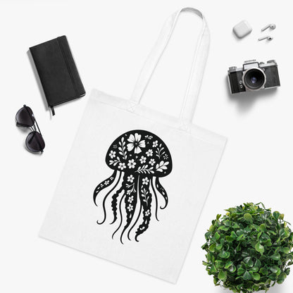 Floral Jellyfish Silhouette Tote Bag