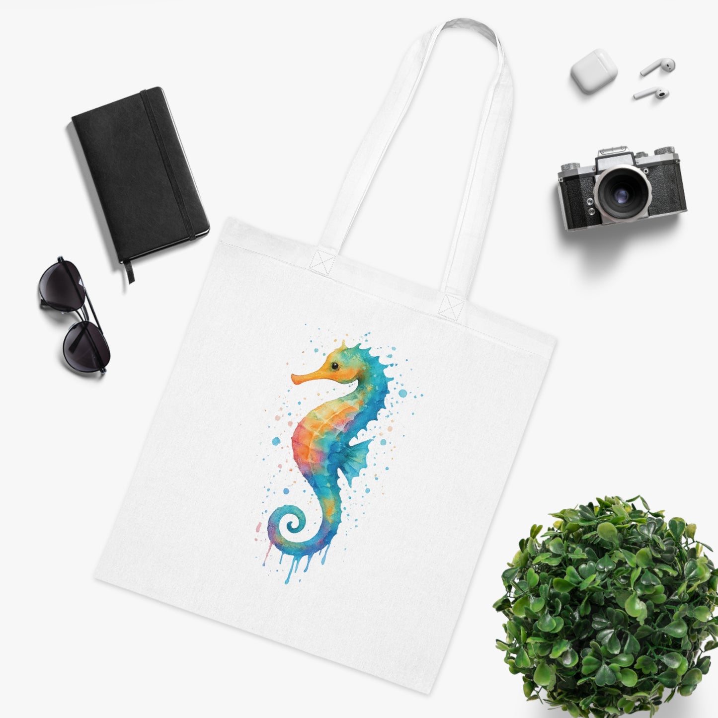 Watercolor Splash Seahorse Tote Bag