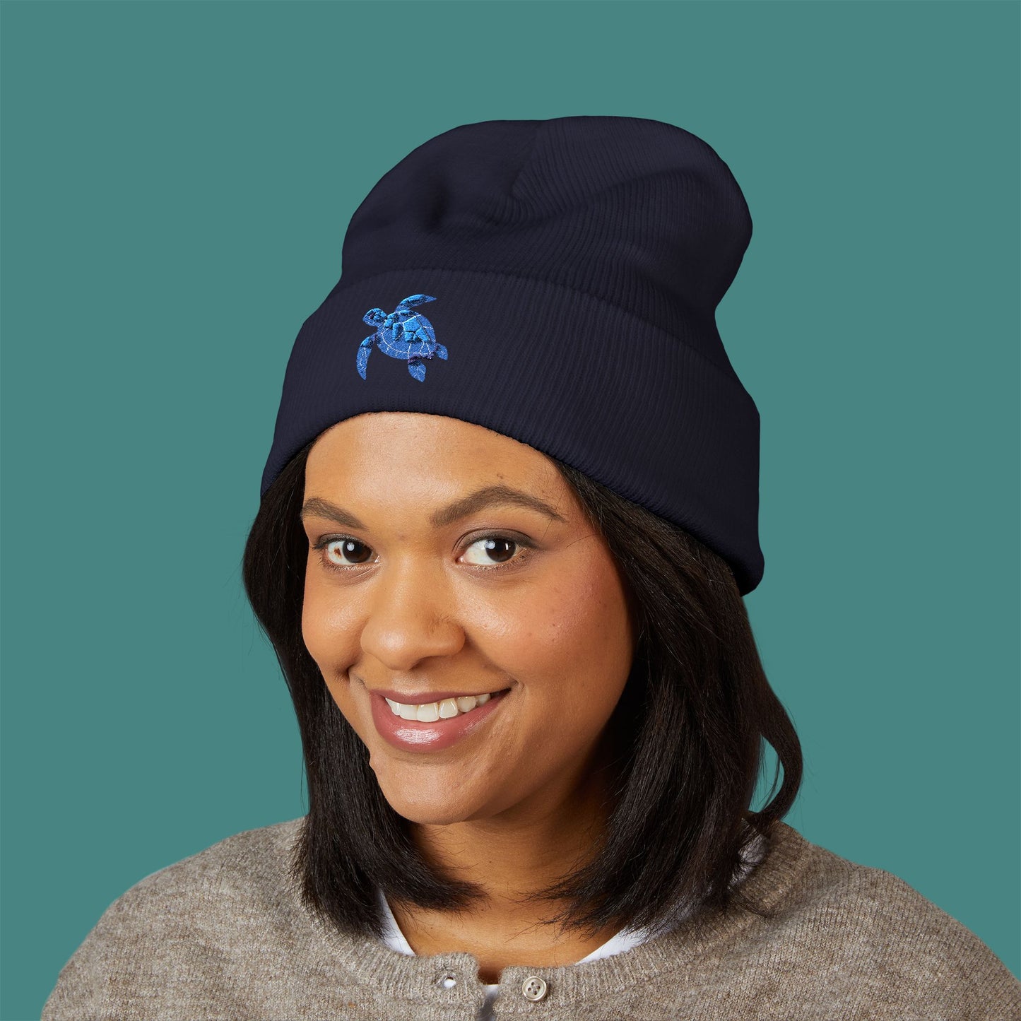 Geometric Polygon Turtle Embroidered Beanie