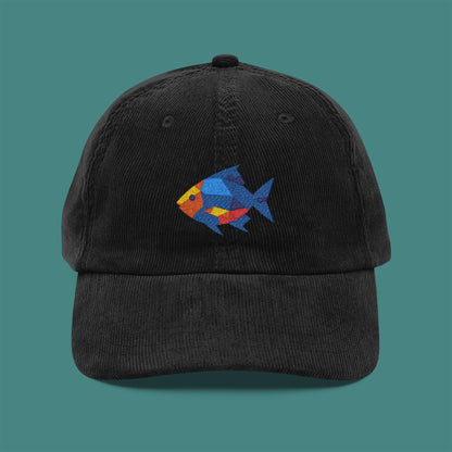 Geometric Polygon Fish Corduroy Embroidered Cap