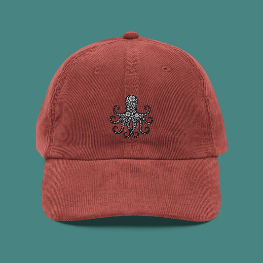 Floral Octopus Silhouette Corduroy Embroidered Cap