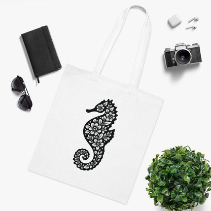 Floral Seahorse Silhouette Tote Bag