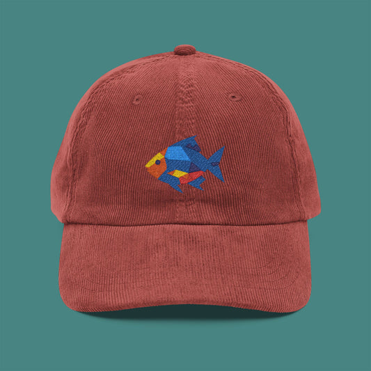 Geometric Polygon Fish Corduroy Embroidered Cap