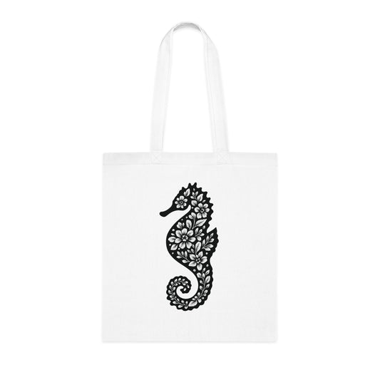 Floral Seahorse Silhouette Tote Bag