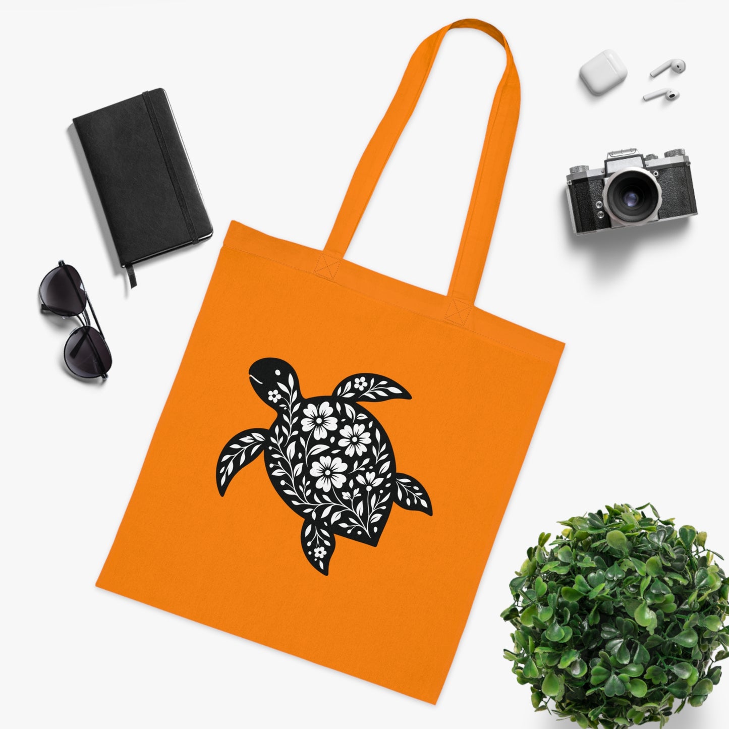 Floral Turtle Silhouette Tote Bag