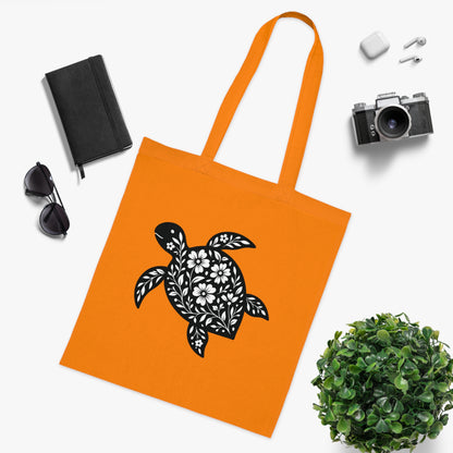 Floral Turtle Silhouette Tote Bag