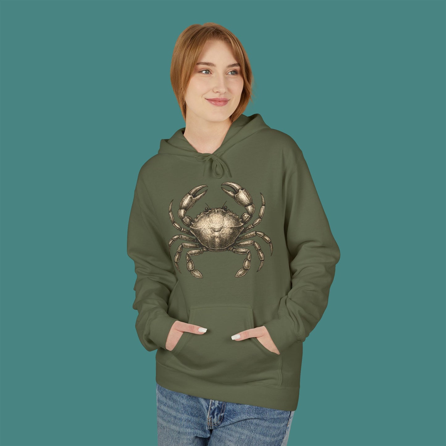 Vintage Etching Crab Fleece Unisex Hoodie
