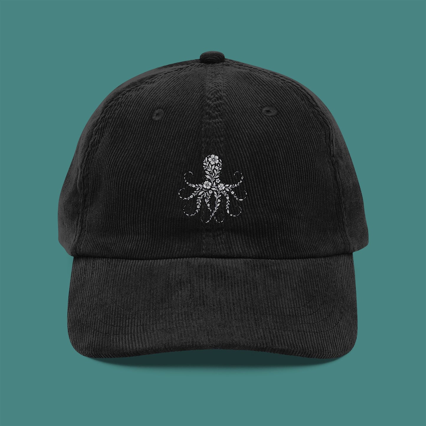 Floral Octopus Silhouette Corduroy Embroidered Cap